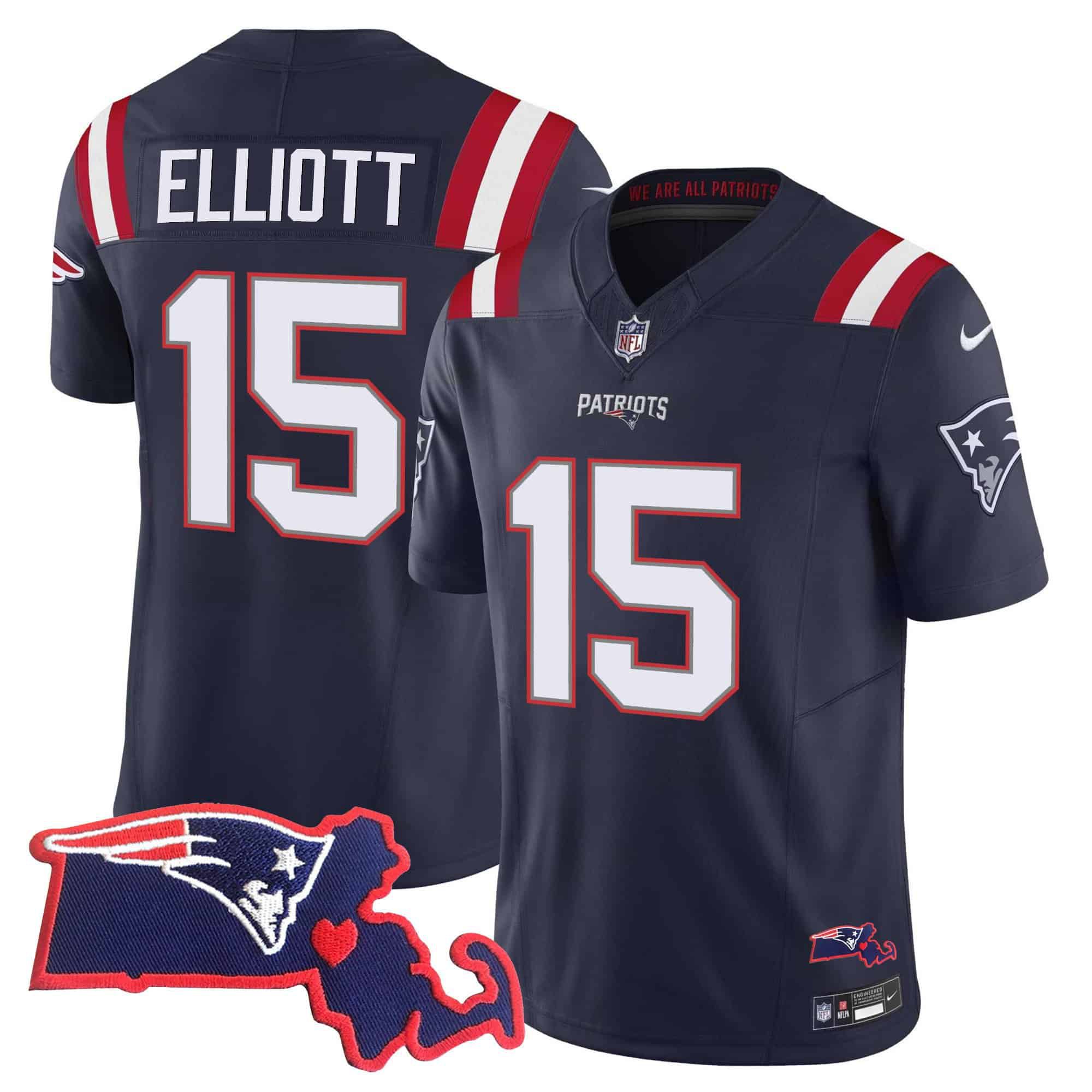 Men New England Patriots #15 Elliott Dark blue 2024 Nike Patch Vapor Limited NFL Jersey style 1